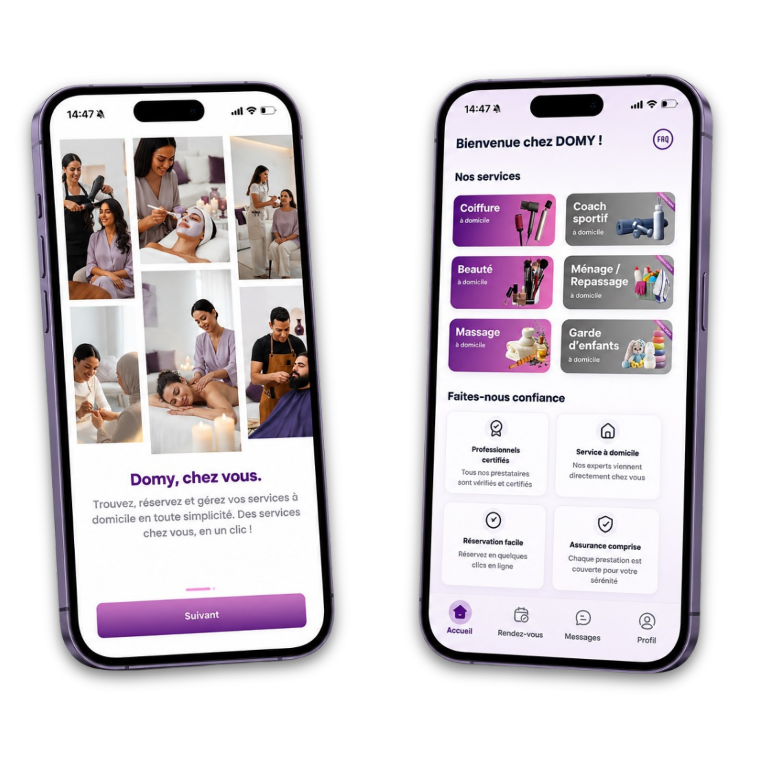 Application mobile DOMY affichée sur deux téléphones, montrant les services disponibles et l'écran d'accueil
